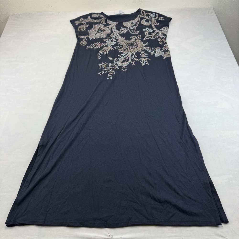 J.Jill Womens Navy Embroidered Paisley Cap Sleeve Tencel Maxi Dress M